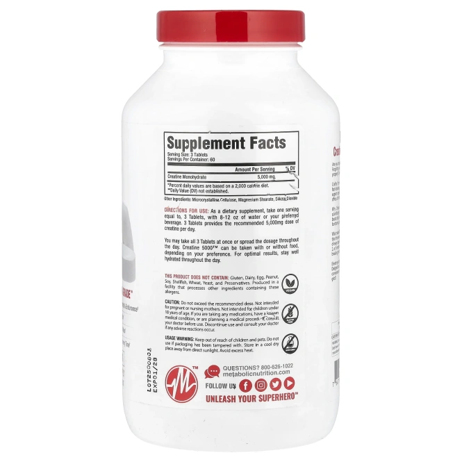 Metabolic Nutrition, Creatine 5000 ™, 180 таблеток (1666 мг в каждой таблетке)