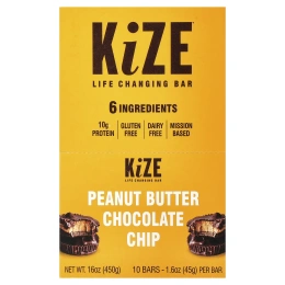 KiZE Life Changing Bar, арахисовая паста и шоколадная крошка, 10 батончиков по 45 г (1,6 унции)