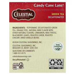 Celestial Seasonings, Holiday Green Tea, Candy Cane Lane®, без кофеина, 18 чайных пакетиков, 35 г (1,2 унции)