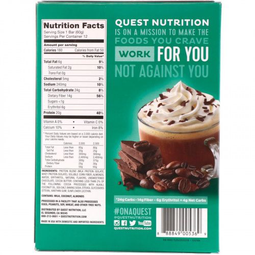 Quest Nutrition, Quest Protein Bar, Mocha Chocolate Chip, 12 Bars, 2.12 oz (60 g) Each