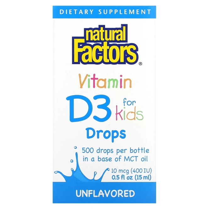 Natural Factors Vitamin D3 400 МЕ в каплях для детей без ароматизаторов, 0,5 ж. унц. (15 мл)