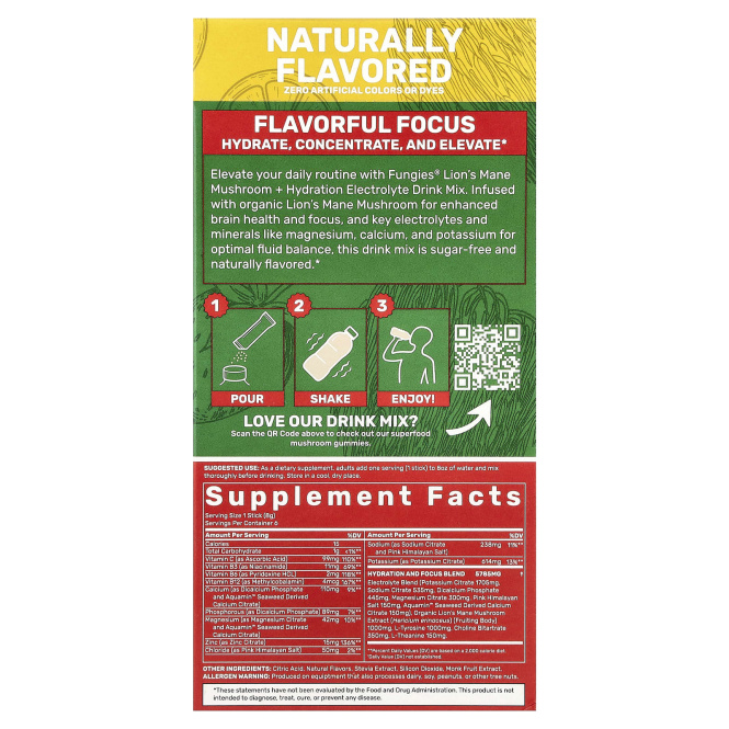 Fungies, ежовик гребенчатый, гриб, гидратация, смесь для приготовления электролитического напитка, клубничный лимонад, 6 пакетиков по 8 г (0,28 унции)
