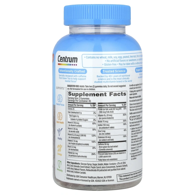 Centrum, Мультивитамины двойного действия и мультивитамины для умственной фокусировки, натуральный апельсин и лимон, 90 жевательных таблеток