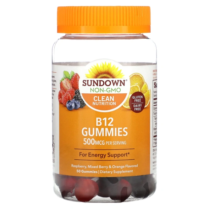 Sundown Naturals, Мармелад B12 с малиной, ягодами и апельсином 50 мармеладок