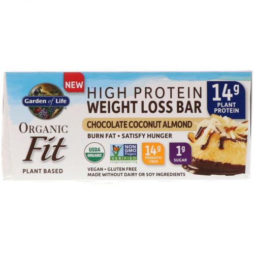 Garden of Life, Organic Fit, батончики для снижения веса с высоким содержанием протеина, шоколад, кокос, миндаль, 12 батончиков, каждый 1,9 унц. (55 г)