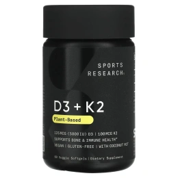 Витамин Д3+К2 5000 МЕ, Vitamin D3+K2 5000 IU, Sports Research, 60 капсул