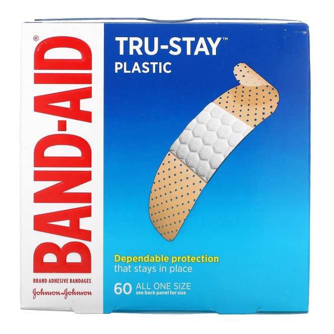 Band Aid, Adhesive Bandages, Plastic Strips, 60 Bandages