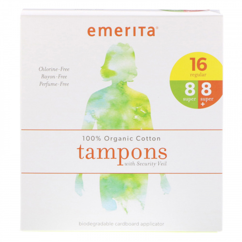 Emerita, Тампоны из 100% органического хлопка с защитным покрытием, большая упаковка, 32 шт.