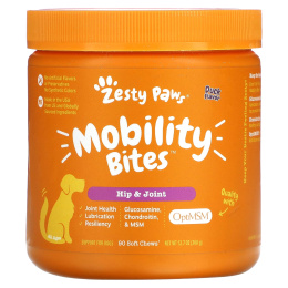 Zesty Paws, Mobility Bites для собак, поддержка бедер и суставов, вкус утки, 90 мягких жвачек