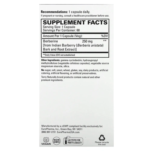 Terry Naturally, Berberine MetX, улучшенная абсорбция, 60 капсул