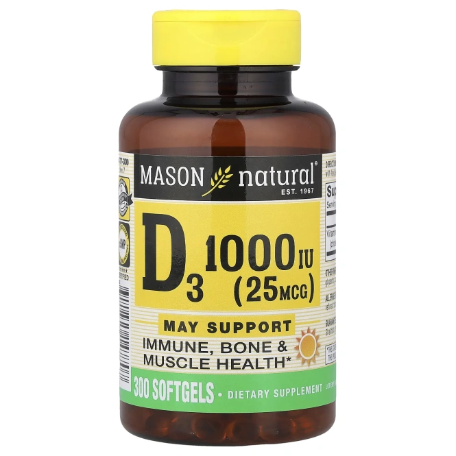 Mason Natural, витамин D3, 25 мкг (1000 МЕ), 300 мягких таблеток