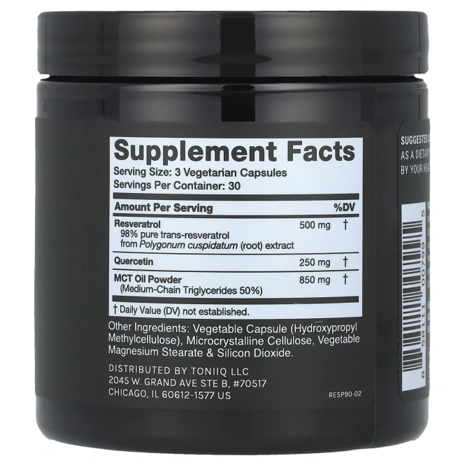 Toniiq, Ресвератрол +, с кверцетином и MCT, 90 капсул