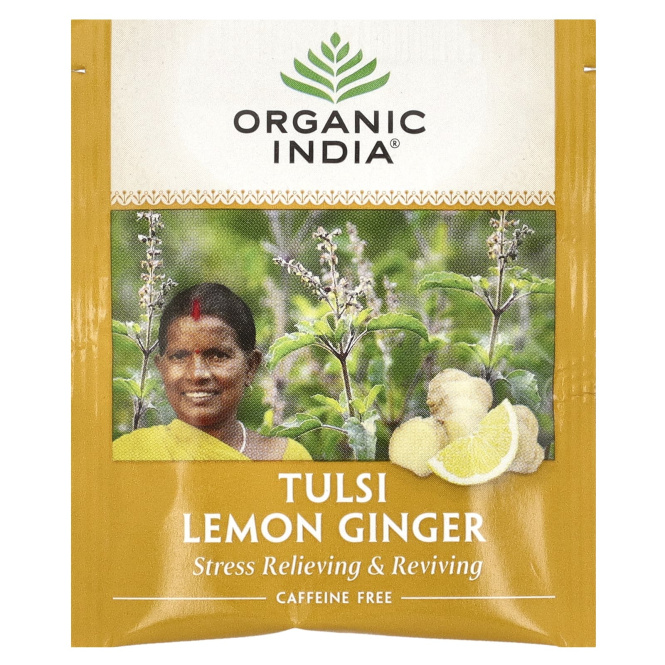 Organic India, чай тулси с лимоном и имбирем, без кофеина, 18 пакетиков для заваривания, 36 г (1,27 унции)