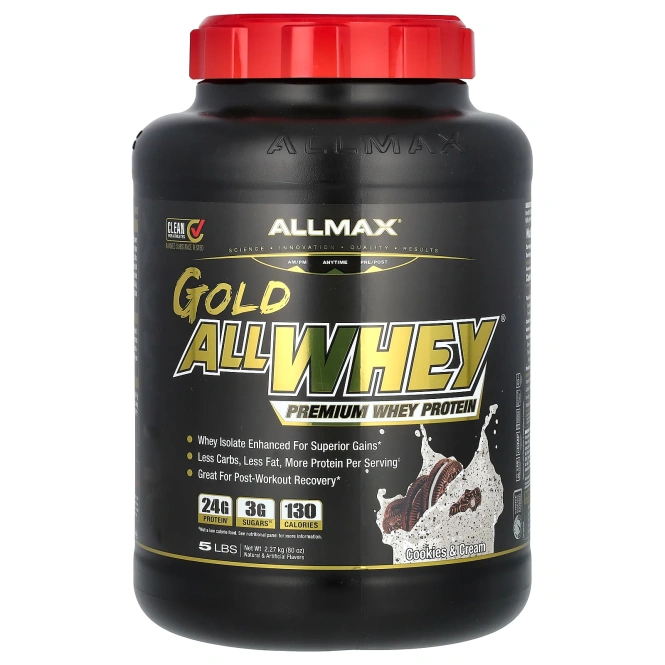 ALLMAX Nutrition, AllWhey Gold, 100% сывороточный протеин + Изолят сывороточного протеина превосходного качества, печенье и сливки, 5 ф. (2,27 кг)