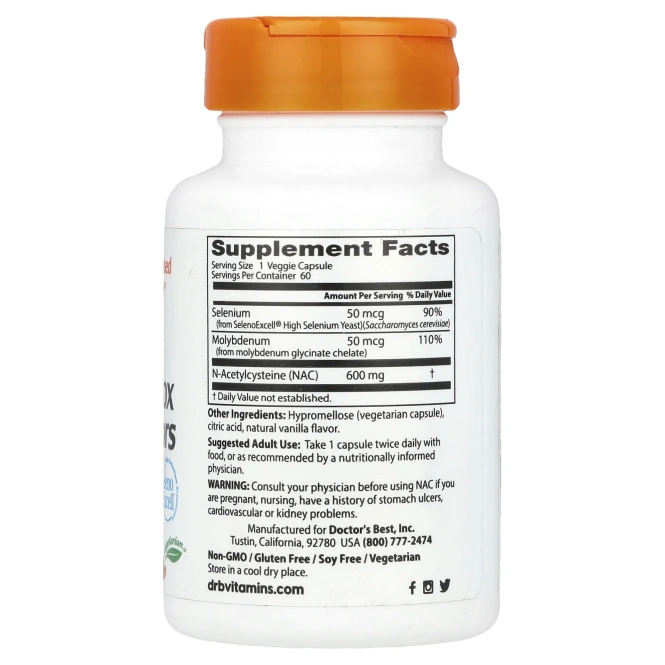 Doctor's Best, NAC регуляторы детоксикации, 60 растительных капсул