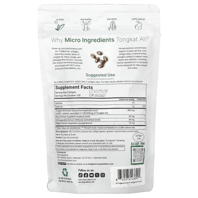 Micro Ingredients, Tongkat Ali+ для мужчин, 240 капсул