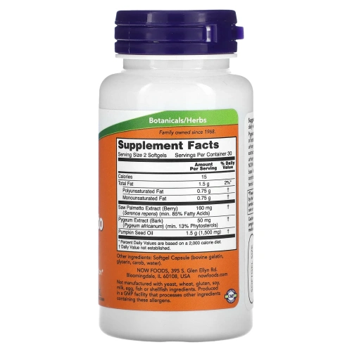 NOW Foods, Pygeum & Saw Palmetto, 60 мягких таблеток