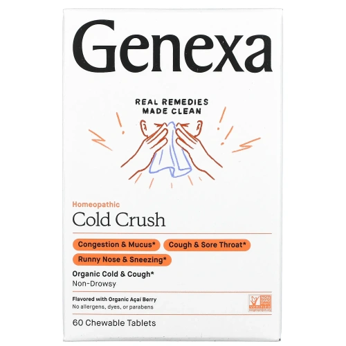 Genexa, Лечение простуды у взрослых, органическое средство против простуды и кашля, со вкусом ягод асаи, 60 жевательных таблеток