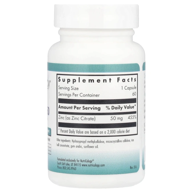Nutricology, Цитрат цинка 50, 60 вегетарианских капсул