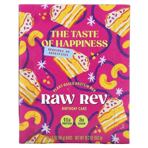 Raw Rev, Glo, батончик с сырыми суперфудами, праздничный торт, 12 батончиков, 46 г (1,6 унции)