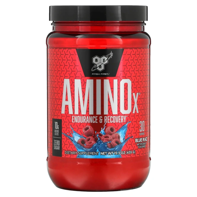 BSN, AminoX, формула с аминокислотами с разветвленной цепью, без кофеина, синяя малина, 15.3 унц. (435 г)