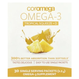 Coromega, Omega-3 + Vit D, тропический апельсин, 30 одноразовых пакетиков, 2,5 г каждый