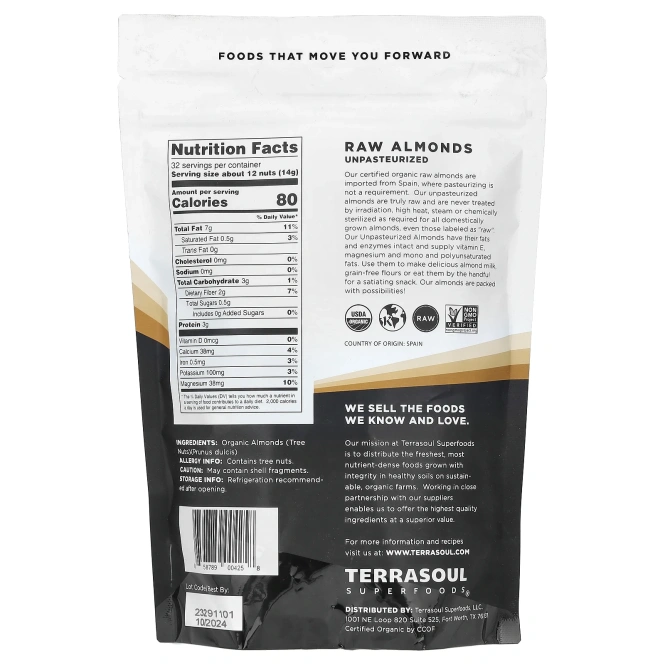 Terrasoul Superfoods, необработанный цельный миндаль, непастеризованный, 454 г (16 унций)