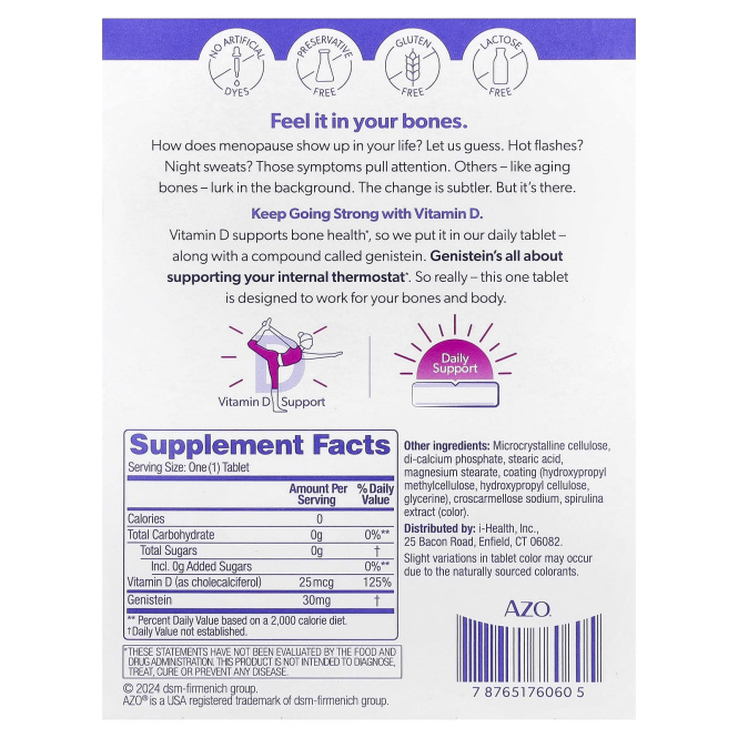 AZO, Menopause Relief, ежедневная поддержка менопаузы с витамином D`` 30 таблеток