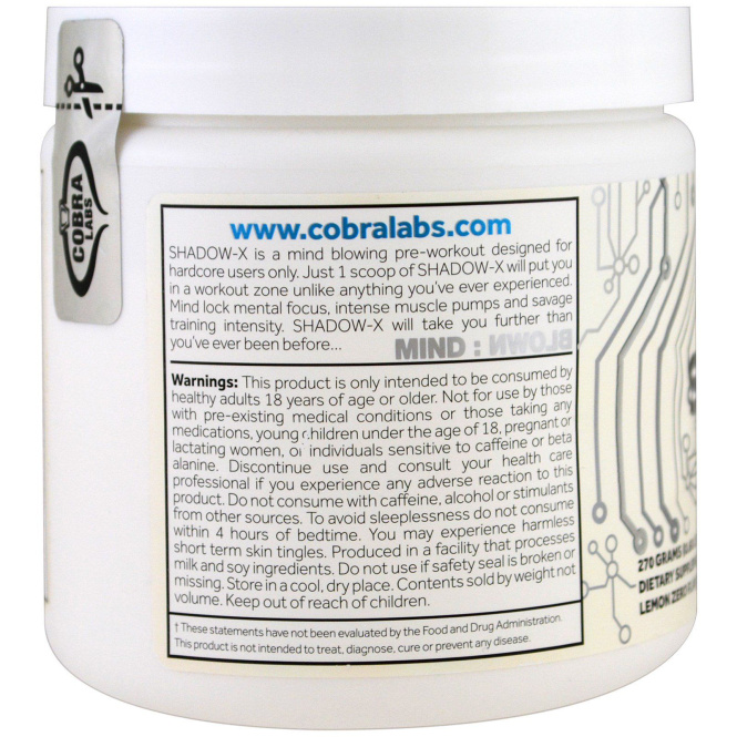 Cobra Labs, Shadow-X, предварительная тренировка, не содержит лимонного наполнителя, 270 г (0,60 фунта)