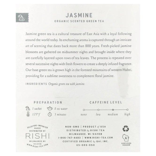 Rishi Tea, Органический ароматизированный зеленый чай, жасмин, 15 пакетиков, 36 г (1,26 унции)