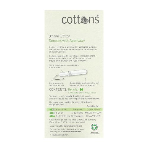 Cottons, 100% Natural Cotton,  Tampons with Applicator, Regular, 16 Tampons