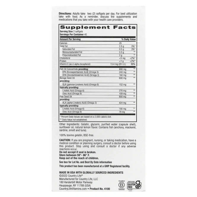 Country Life, сверхконцентрированный полный комплекс омега 3-6-9, со вкусом натурального лимона, 90 капсул