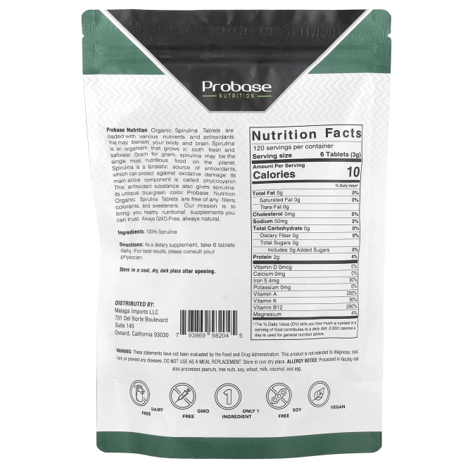 Probase Nutrition, Таблетки из органической спирулины, 12,8 унции