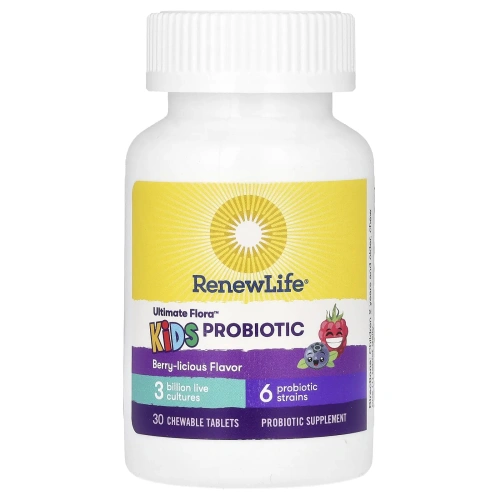 Renew Life, Пробиотики для детей, Ultimate Flora, ягодный вкус, 3 млрд. живых культур, 30 жевательных таблеток