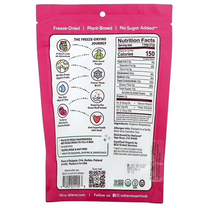 Natierra, органическая малина, сублимированная, 37 г (1,3 унции)