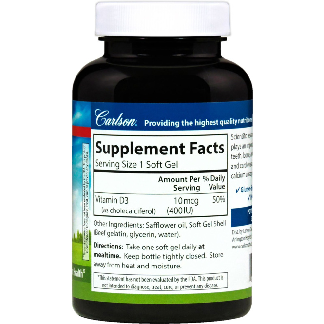 Carlson Labs, Vitamin D3, 400 IU (10 mcg), 250 Soft Gels