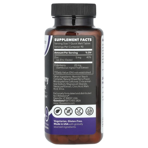 LifeSeasons, Zinc Elderberry Quick Melts, со вкусом ягод, 90