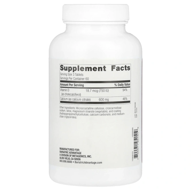 Bariatric Advantage, Нежевательный цитрат кальция, 600 мг, 180 таблеток (200 мг в каждой таблетке)