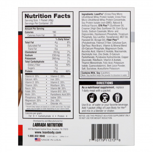 Labrada Nutrition, Коктейль Lean Body для нее, заменитель пищи с высоким содержанием протеина, клубничный вкус, 20 пакетов, по 49 г каждый