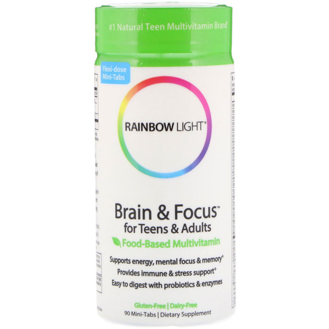 Rainbow Light, Brain & Focus для детей и взрослых, пищевой мультивитаминный комплекс, 90 мини таблеток