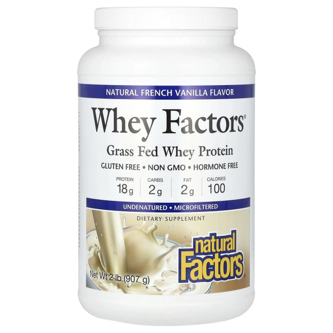 Natural Factors, Whey Factors, сывороточный белок от коров, вскормленных травой, со вкусом натуральной французской ванили, 2 фунта (907 г)