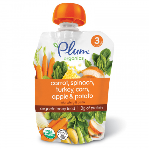 Plum Organics, Органическое детское питание, этап 3, морковь, шпинат, индейка, кукуруза, яблоко и картофель, 4 унции (113 г)