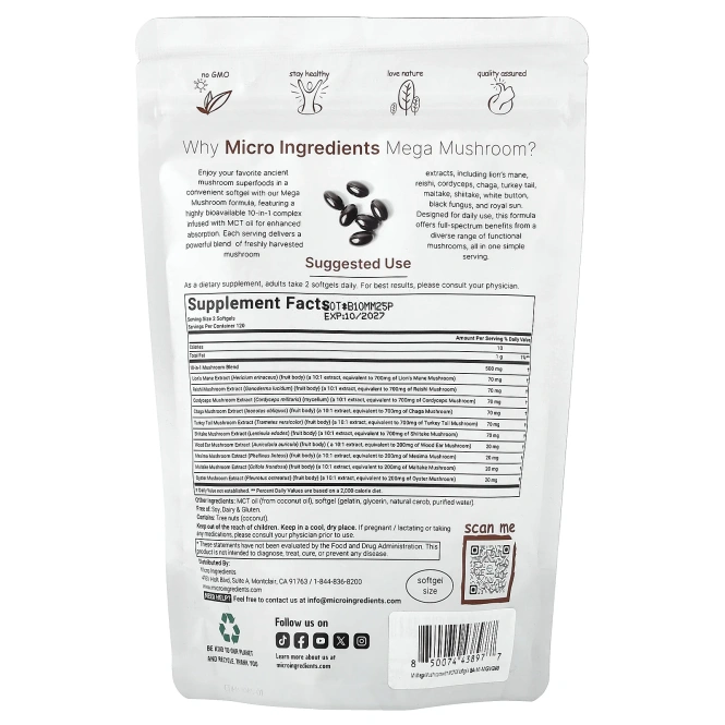 Micro Ingredients, Mega Mushrooms, 10 в 1, 240 капсул