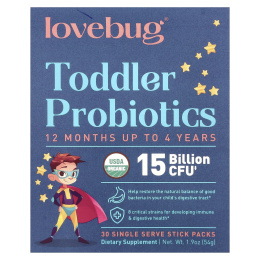 LoveBug Probiotics, пробиотики для детей в возрасте от 1 года до 4 лет, 15 млрд КОЕ, 30 порций в индивидуальных стик-пакетах по 1,8 г (0,06 унции)