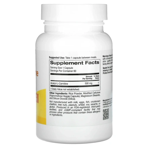 Super Nutrition, ацетил-L-карнитин, 500 мг, 60 растительных капсул