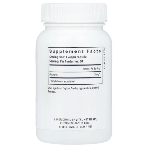 Vital Nutrients, Мелатонин, 20 мг, 60 веганских капсул