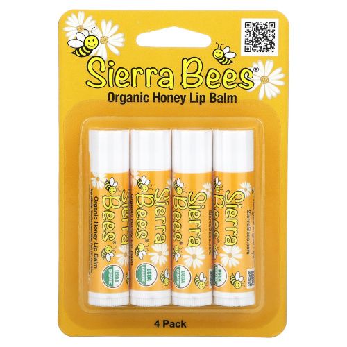 Sierra Bees, Органические бальзамы для губ, мед, 4 в упаковке, 4,25 г (0,15 унц.) каждый