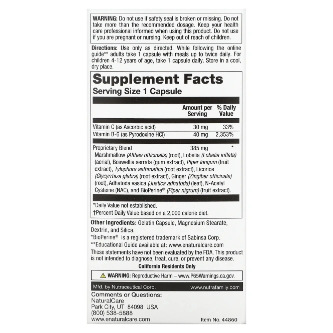 NaturalCare, Препарат для поддержки легких, 60 капсул