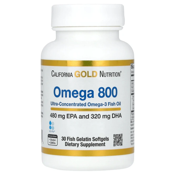 Омега 800 California Gold Nutrition Рыбий жир фармацевтического класса, 80% EPA / DHA, Триглицеридная форма, Без холестерина (1000 мг), 30 жевательных капсул