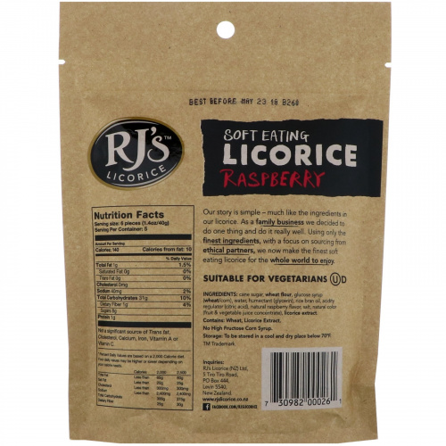 RJ's Licorice, Мягкая съедобная лакрица, Малина, 7,05 унц. (200 г)